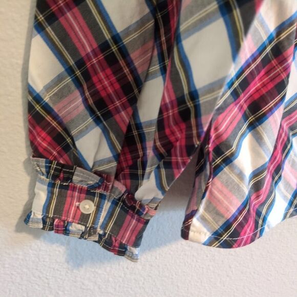 J Crew BM029 NWT Size XXS White Tartan Plaid Cotton-Blend Ruffle-Neck Top - Picture 7 of 9